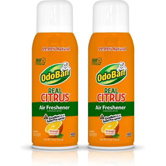 OdoBan Aroma Eliminator, 360-Degree Continuous Spray Natural Oil Real Citrus Air Freshener, Toilet Spray, 2-Pack, 10 Ounces Each, Orange Scent
